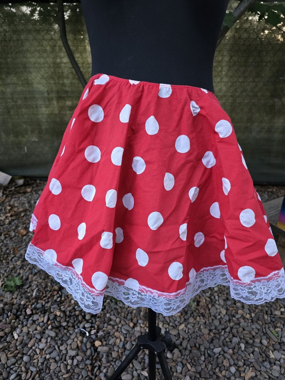 Vtg 1950's Red Polka Dot Lace Hem Skirt Rockabilly Pin Up Disneybound Cosplay